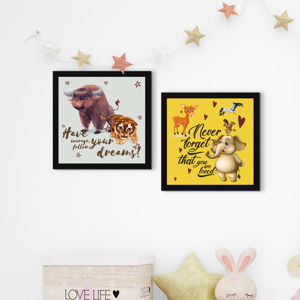 Artx Set Of 4 Cartoons Animals Kids Room Wall Art Painting, Framed Paintings 20 X 20 Inches, 10 X 10 Each, Multicolor, Synthetic